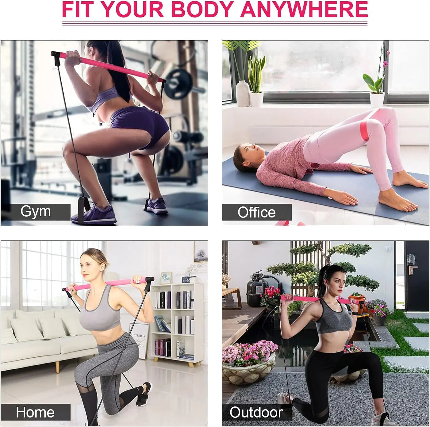 Pilates Bar Kit with Resistance Band - Portable Yoga Pilates Stick Exercise Stick with Foot Loop Fitness Stretching Equipment Home Gym Bodybuilding for Fully Body Workout (Pink)