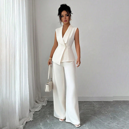 Women's Sleeveless Blazer & Straight-Leg Pants Two-Piece Set FitiqueFit