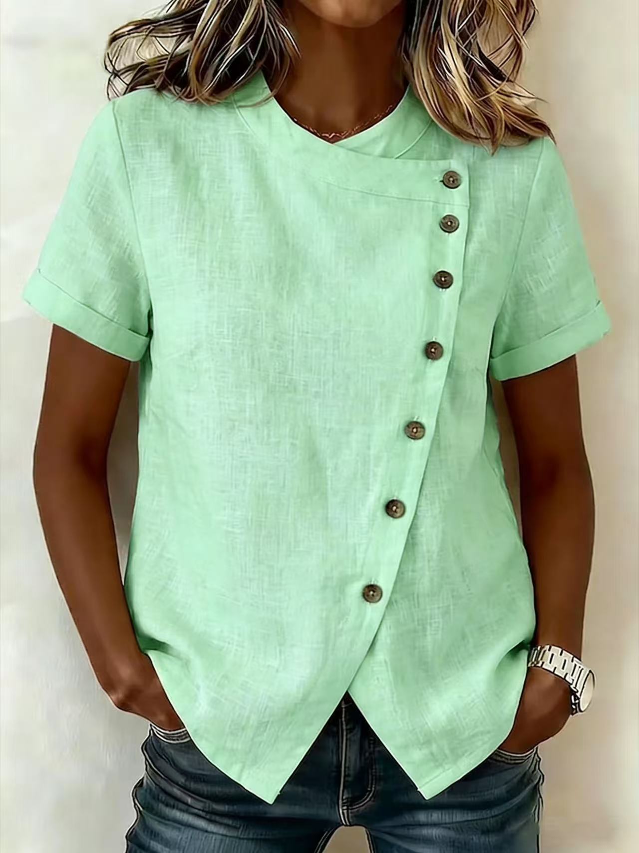 Women's Cross-Neckline Asymmetrical Hem Cotton Linen Top – Loose Fit FitiqueFit