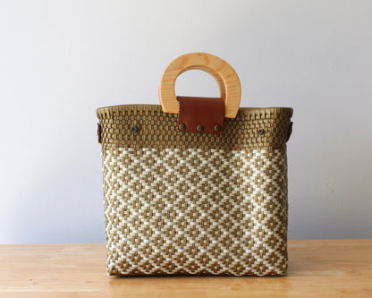 Beige & Gold Handwoven Tote with Wood Handle MexiMexi
