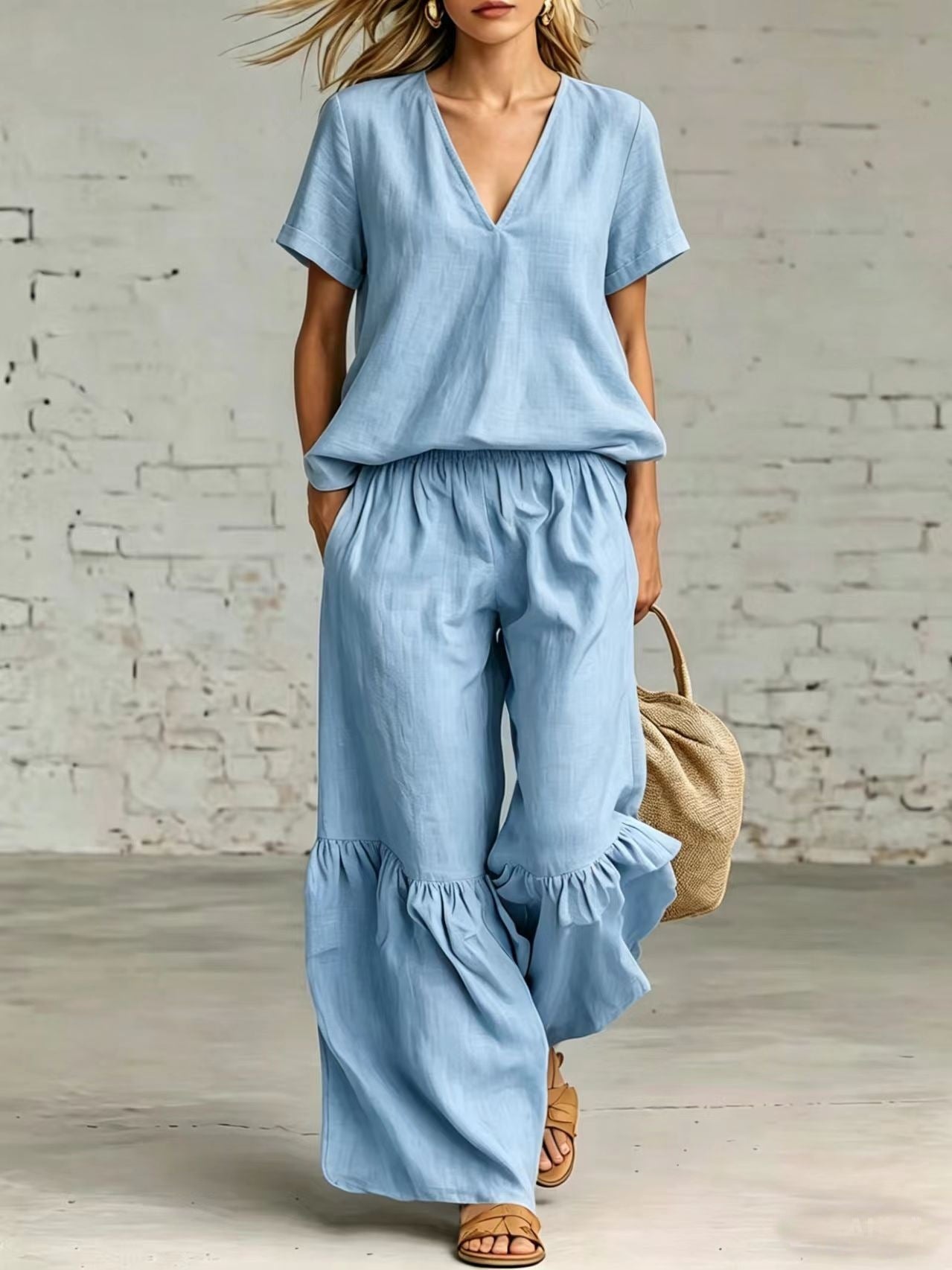 V-Neck Loose Short-Sleeve Top & Pants Set – 7 Colors, S–5XL FitiqueFit