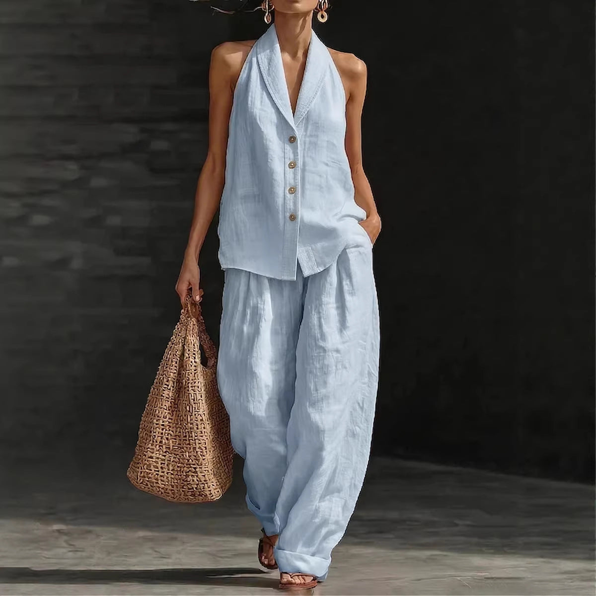 Women's Sleeveless Vest & Wide-Leg Pants Cotton-Linen Two-Piece Set FitiqueFit