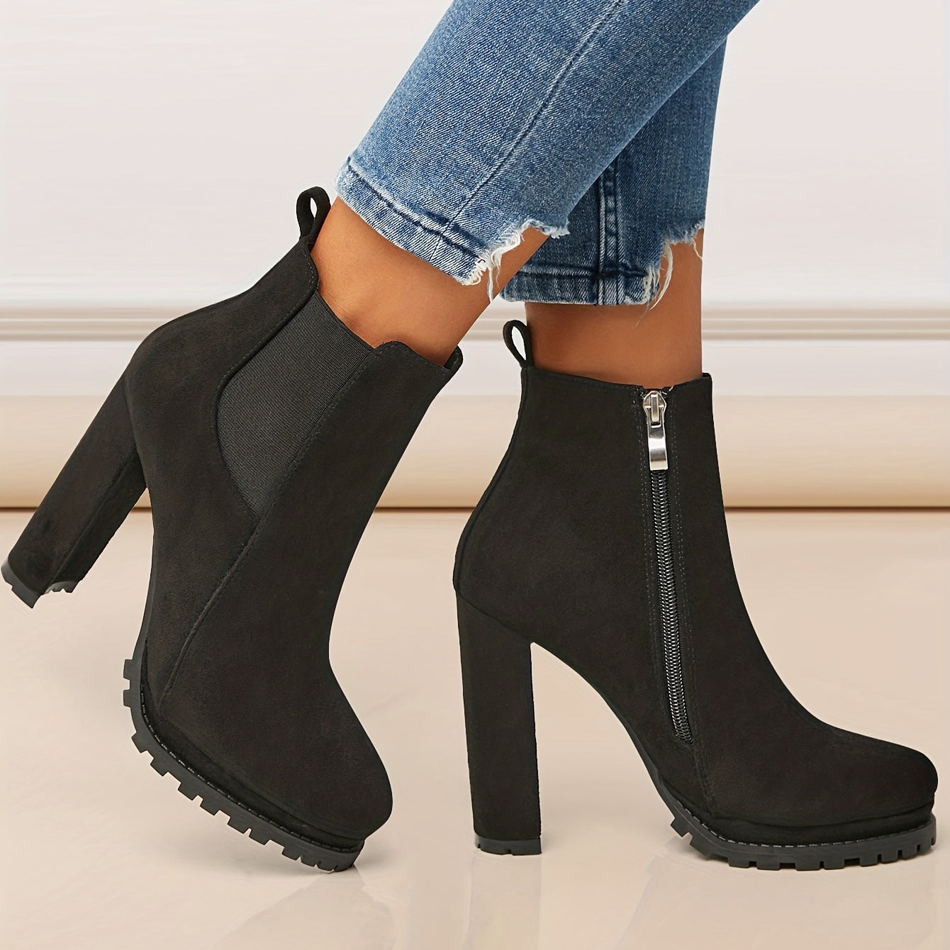 Women's Pointed Toe Short Boots, Tound Toe Side Zipper Chunky Heeled Platform Ankle Boots, Women's Footwear NovaCart
