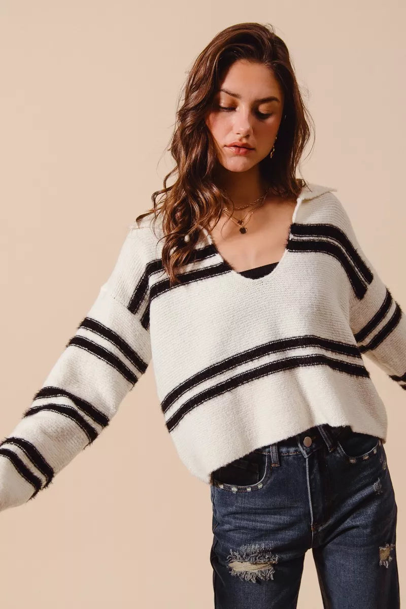 SO ME Fuzzy Hairy Stripe Deep U Neck Swetaer West2East Surf
