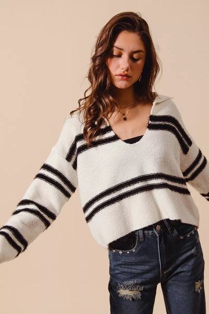 SO ME Fuzzy Hairy Stripe Deep U Neck Swetaer West2East Surf