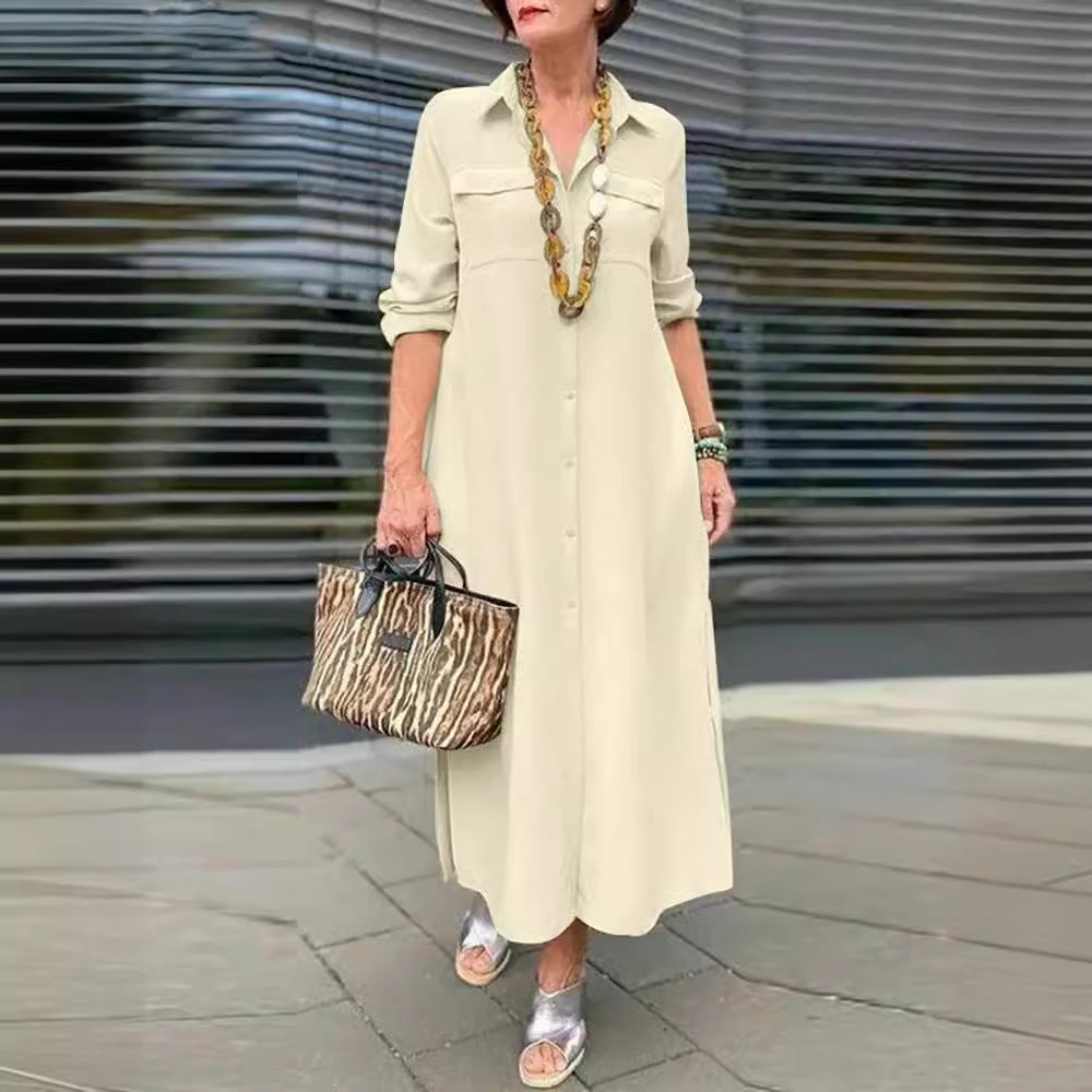 Elegant Solid Color Long Sleeve Button Lapel Dress Grayceful LLC