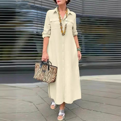 Elegant Solid Color Long Sleeve Button Lapel Dress Grayceful LLC