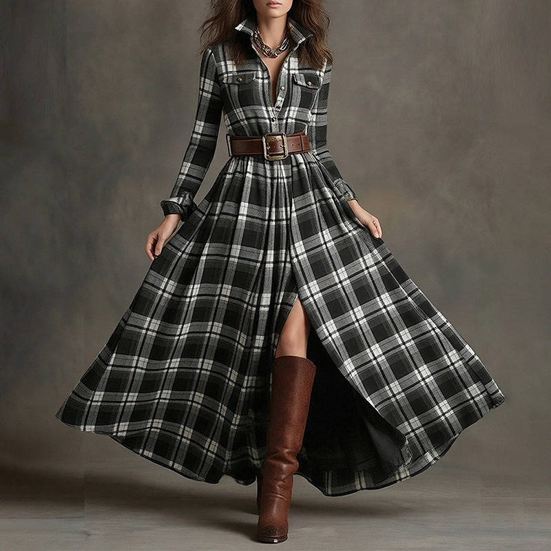 Women's Printed Lapel Slim-Fit Dress – Elegant Commuter Style FitiqueFit