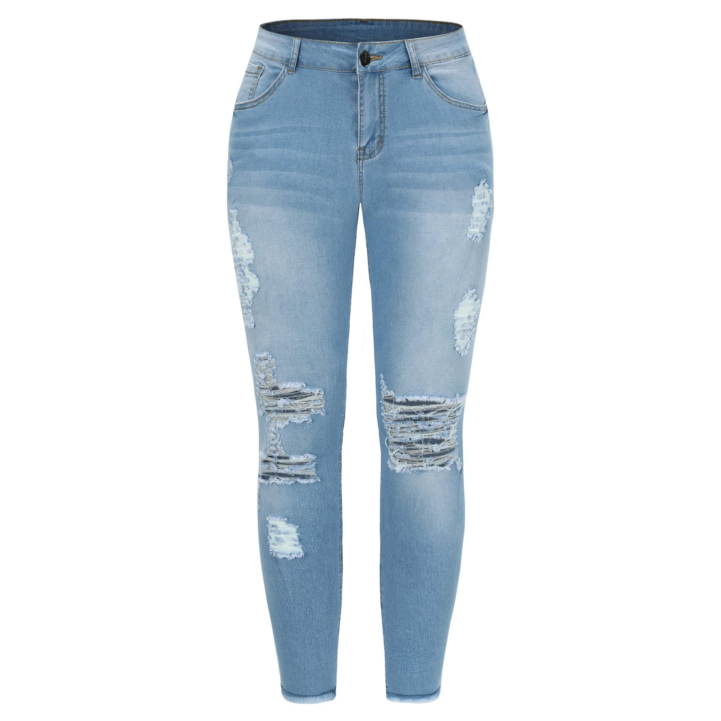 THUNDER STAR Womens Stretch Ripped Cropped Jeans Mid Rise Distressed Casual Denim Pants Light Blue L New Era Fashion LLc