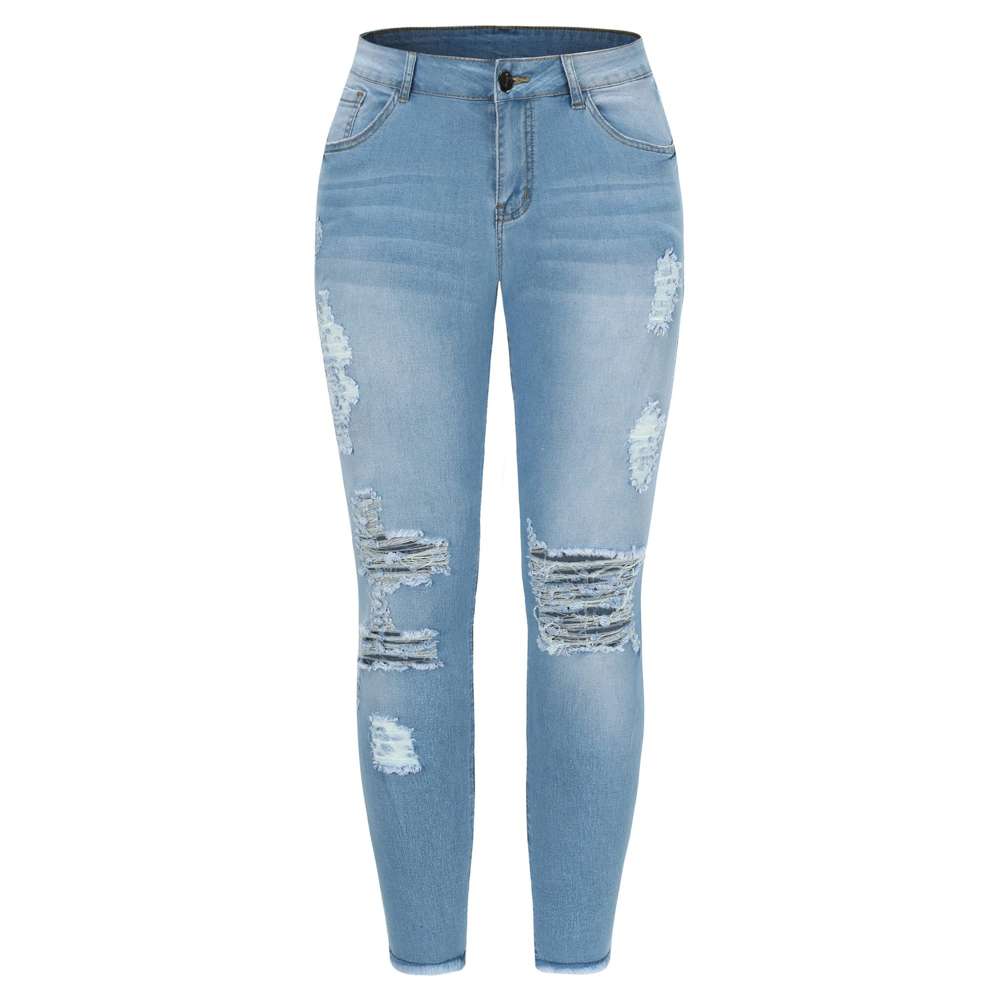 THUNDER STAR Womens Stretch Ripped Cropped Jeans Mid Rise Distressed Casual Denim Pants Light Blue L New Era Fashion LLc
