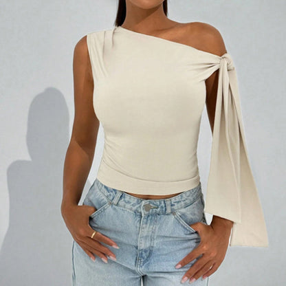 Women’s One-Shoulder Asymmetrical Tie Shoulder Top – Going Out & Party Shirt FitiqueFit