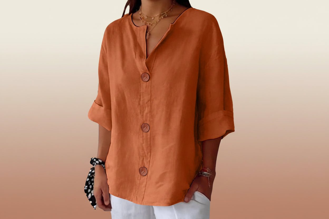 Women's V-Neck Cotton Linen Buttoned Blouse FitiqueFit