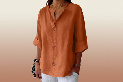 Women's V-Neck Cotton Linen Buttoned Blouse FitiqueFit