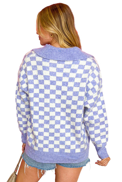 Purple Checkered Collared Buttons Plus Size Sweater Garden Naked Curves