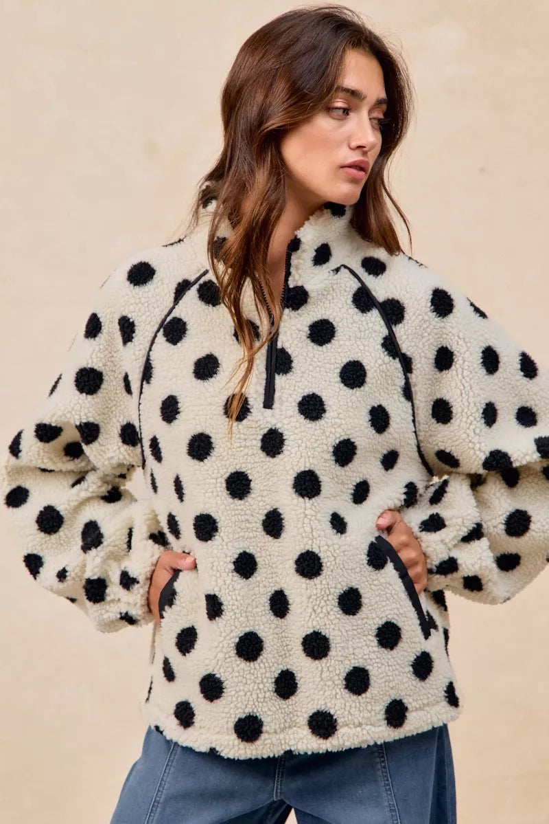 BiBi Polka Dot Sherpa Half Zip Up Top with Side Pocket FitiqueFit