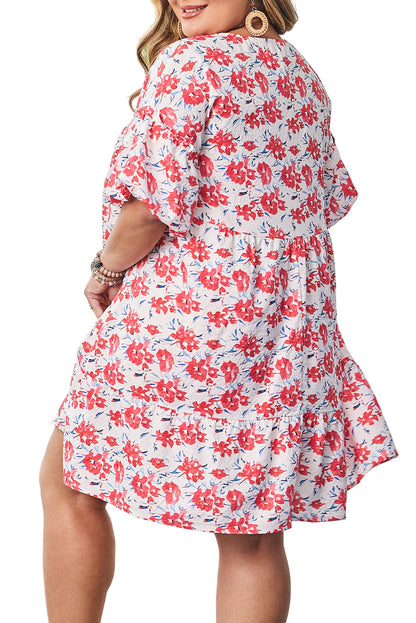 Red Floral Ruffled Half Sleeve V Neck Plus Size Dress Garden Naked Curves