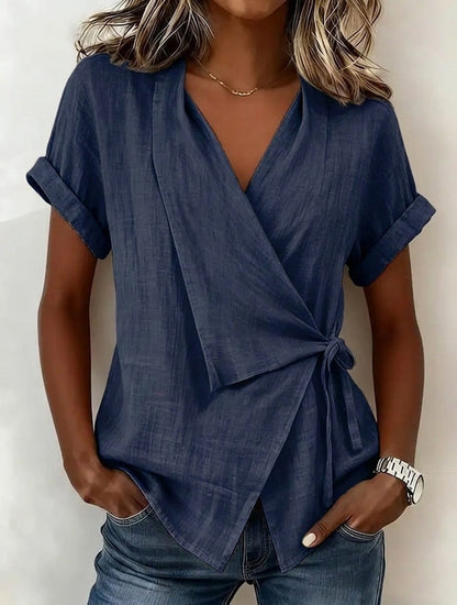 Women's Casual Lapel Collar Lace-Up Short-Sleeve Linen Top FitiqueFit