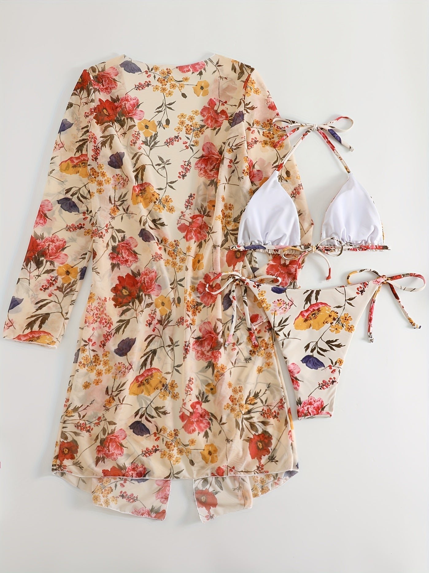 Bikini European Style Floral Print 3 Piece Swimsuit Set for Women – Sexy V Neck Bikini with Cross Strap Detail and Matching Long Sleeve Cover-Up – High Stretch Trendy Swimwear for Summer Beach Vacations Resort Looks and Poolside Fashion Stevvex