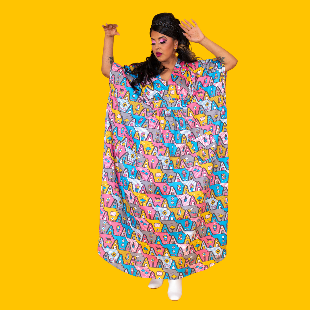 8-Bit A-Frames Pocket Caftan in 2 options Blue Platypus Clothing