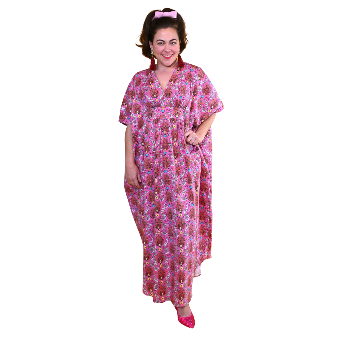 Monkey Business Maxi Caftan in Magenta Madness Blue Platypus Clothing