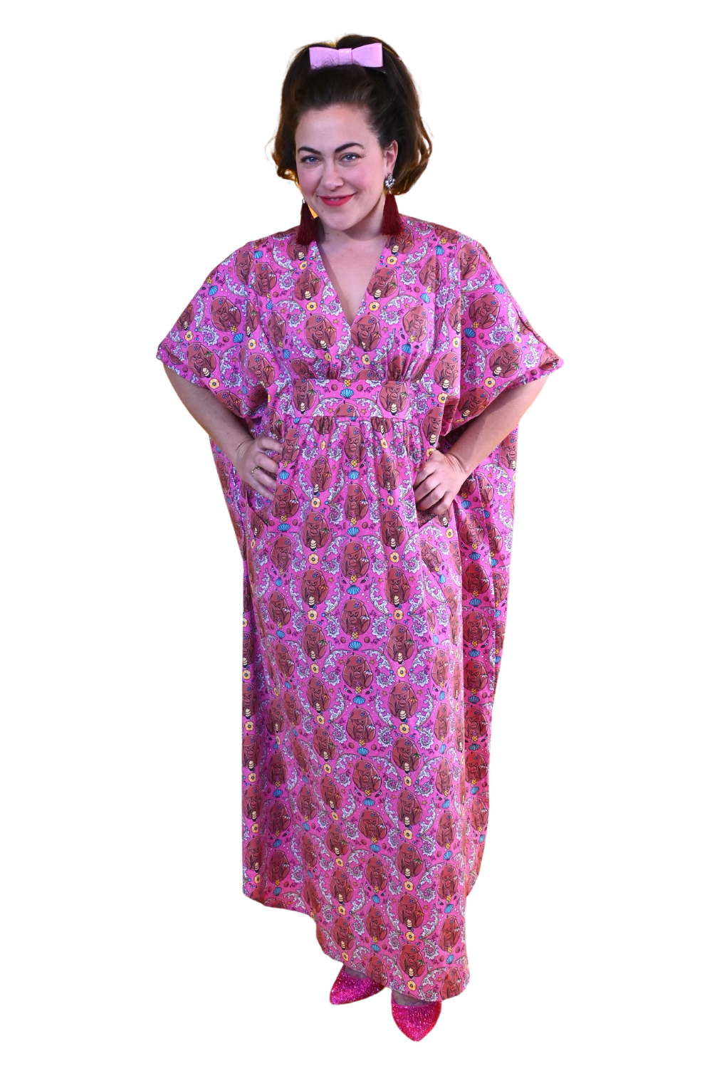 Monkey Business Maxi Caftan in Magenta Madness Blue Platypus Clothing