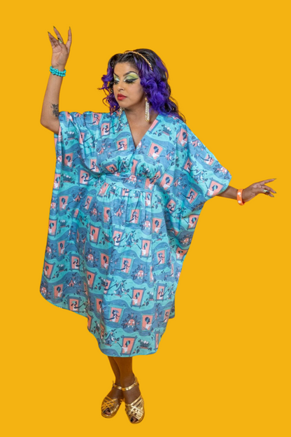 Brownstone Betties Midi Caftan in Peach & Aqua Blue Platypus Clothing