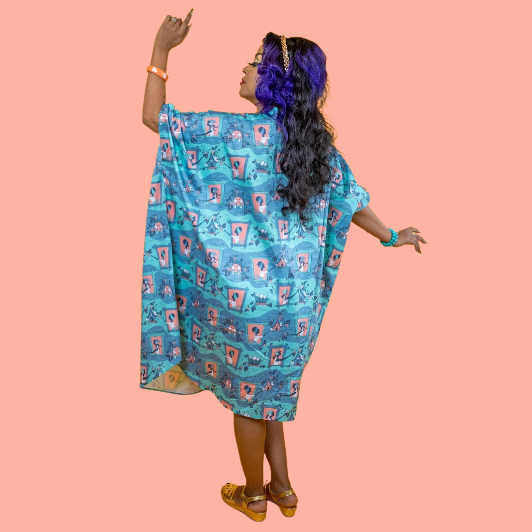 Brownstone Betties Midi Caftan in Peach & Aqua Blue Platypus Clothing