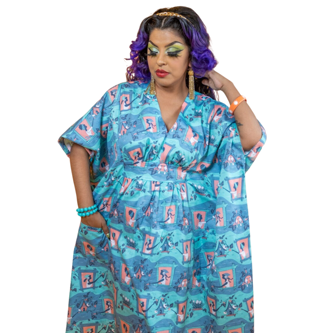 Brownstone Betties Midi Caftan in Peach & Aqua Blue Platypus Clothing