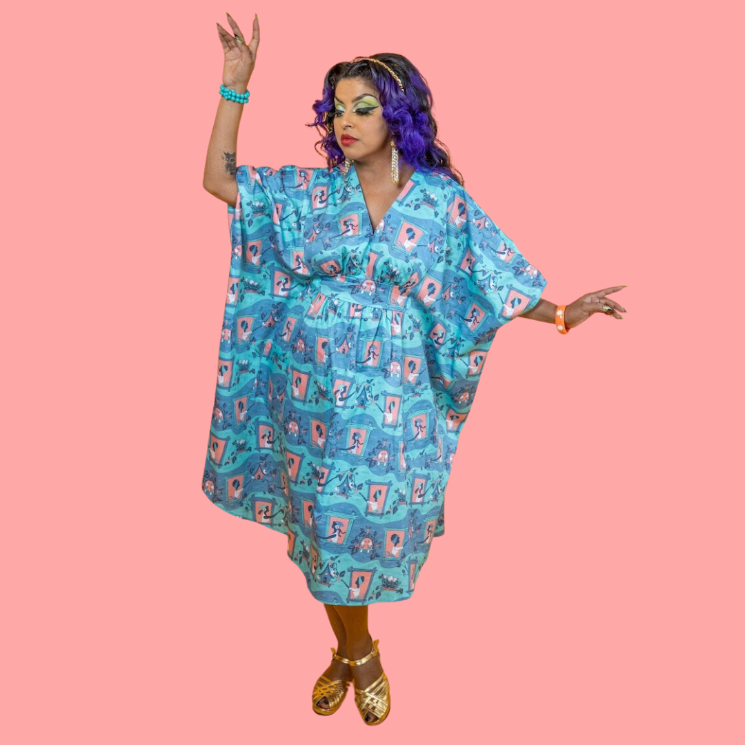 Brownstone Betties Midi Caftan in Peach & Aqua Blue Platypus Clothing