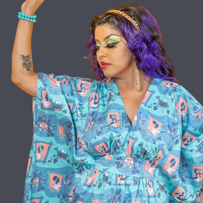 Brownstone Betties Midi Caftan in Peach & Aqua Blue Platypus Clothing