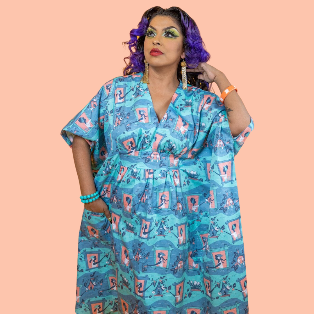 Brownstone Betties Midi Caftan in Peach & Aqua Blue Platypus Clothing