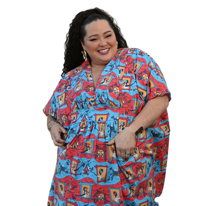Brownstone Betties Midi Caftan in Red & Blue Blue Platypus Clothing
