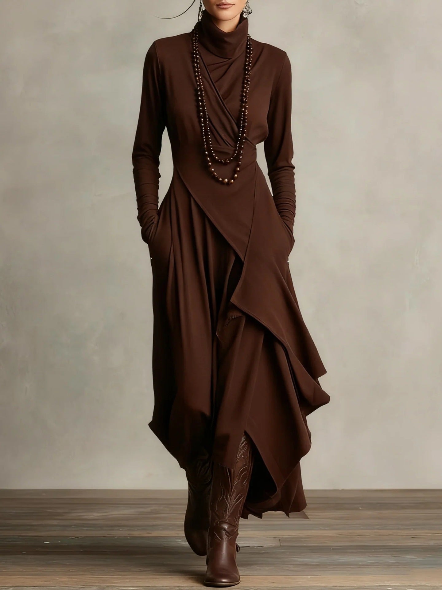 Women's Cross-Wrap High-Neck Long-Sleeve Maxi Dress FitiqueFit