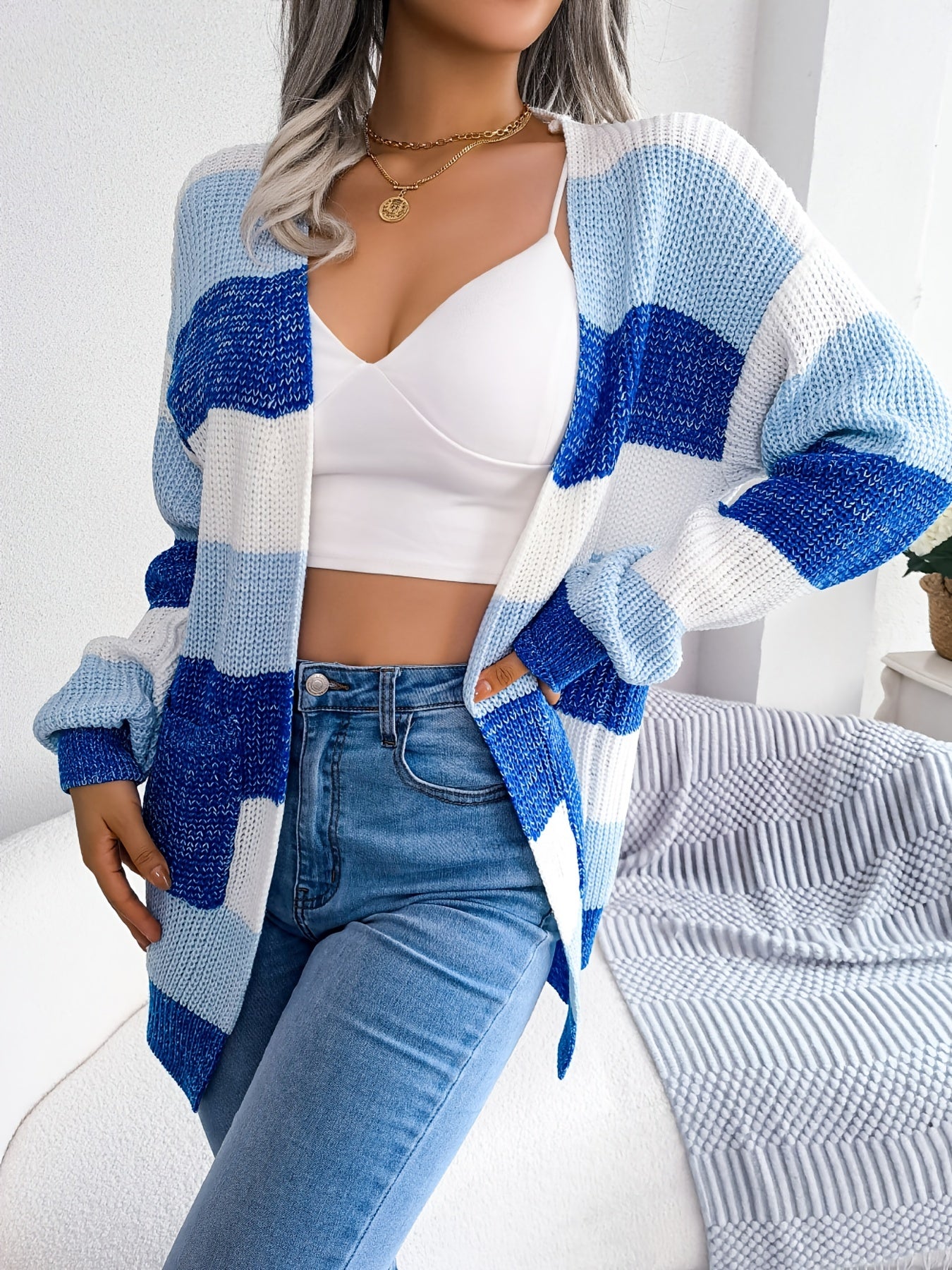 Striped Colorblock V-neck Cardigans, Casual Loose Drop Shoulder Long Sleeve Fall Winter Knit Cardigan, Women's Clothing NovaCart