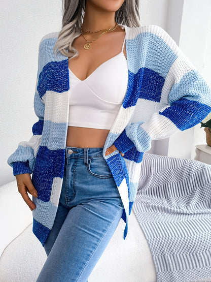 Striped Colorblock V-neck Cardigans, Casual Loose Drop Shoulder Long Sleeve Fall Winter Knit Cardigan, Women's Clothing NovaCart