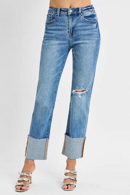 RISEN Full Size High Rise Ankle Straight Wide Cuffed Jeans Plus Size West2East Surf