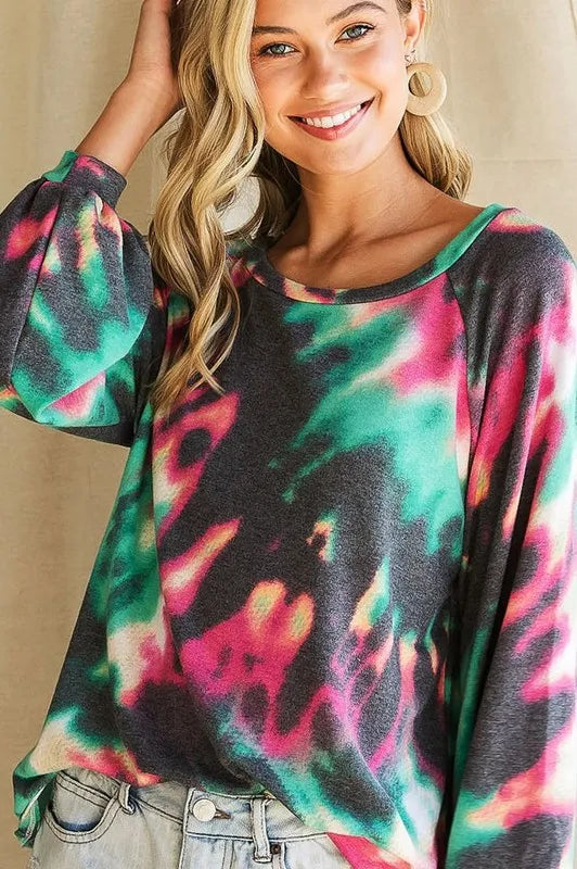 BiBi Tie Dye Print Terry Top with Puff Sleeves New Era Fashion LLc