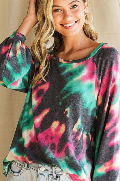 BiBi Tie Dye Print Terry Top with Puff Sleeves New Era Fashion LLc