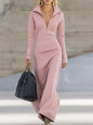 Zip Polo Collar Slim Long-Sleeve Maxi Dress | 4 Colors FitiqueFit