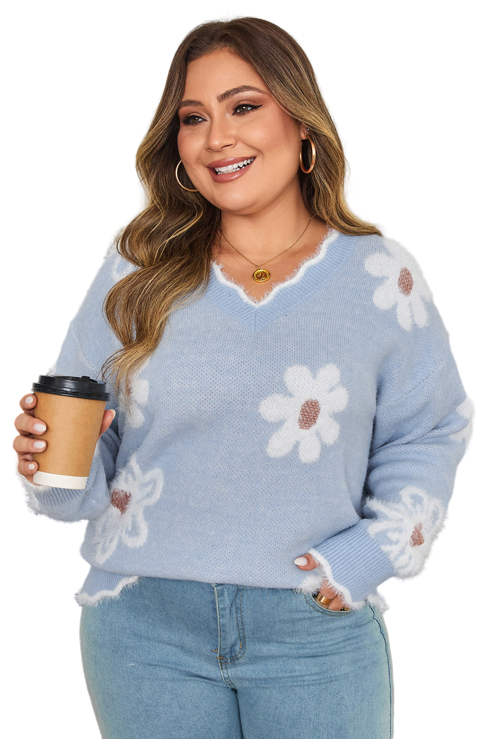 Gray Fuzzy Flower Scalloped V Neck Plus Sweater Garden Naked Curves