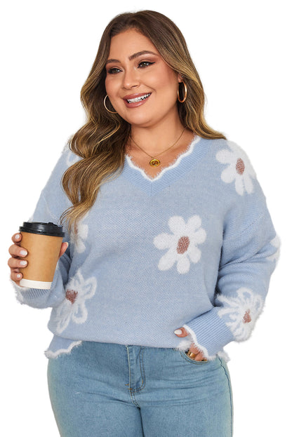 Gray Fuzzy Flower Scalloped V Neck Plus Sweater Garden Naked Curves