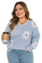 Gray Fuzzy Flower Scalloped V Neck Plus Sweater Garden Naked Curves