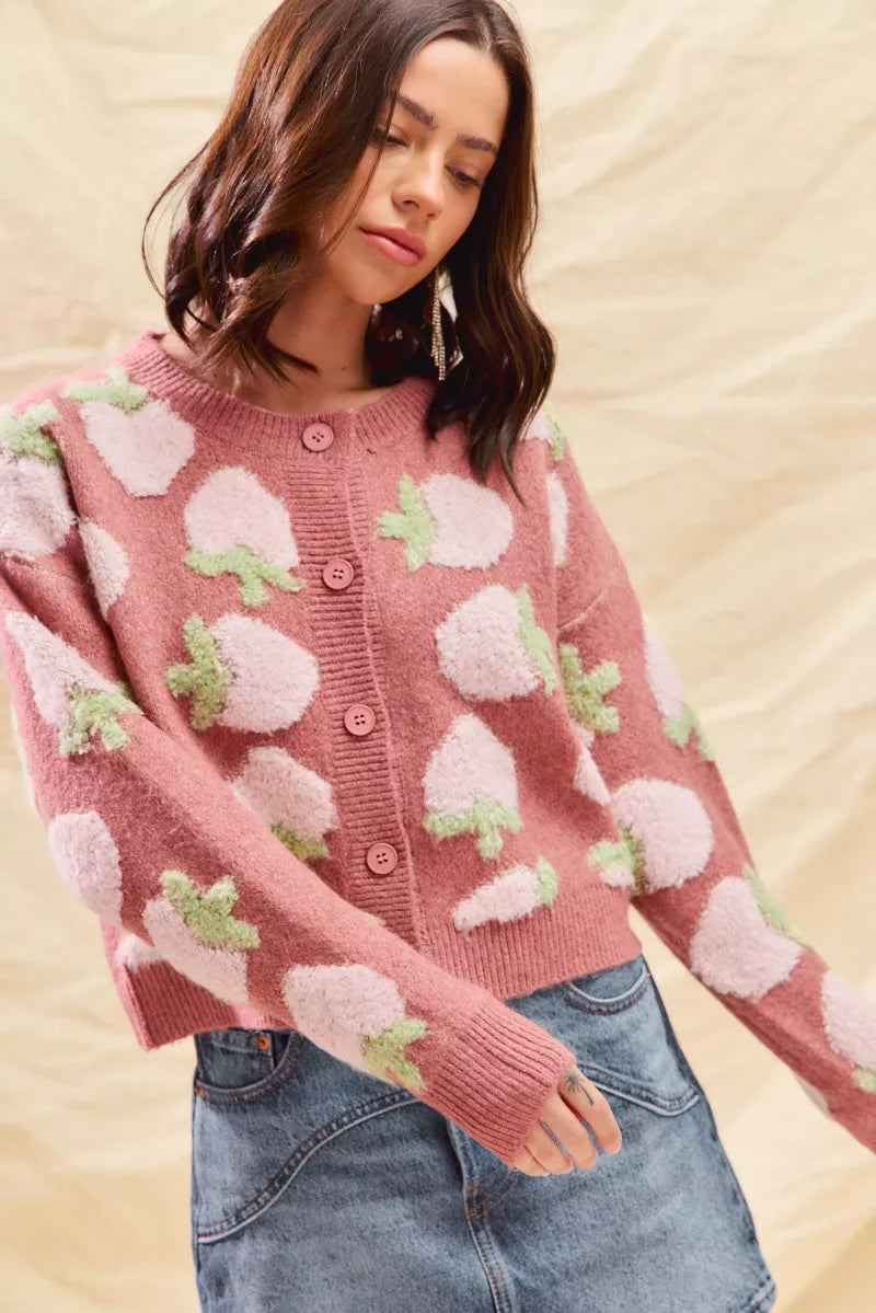 SO ME Strawberry Fruit All Over Button Sweater Cardigan FitiqueFit