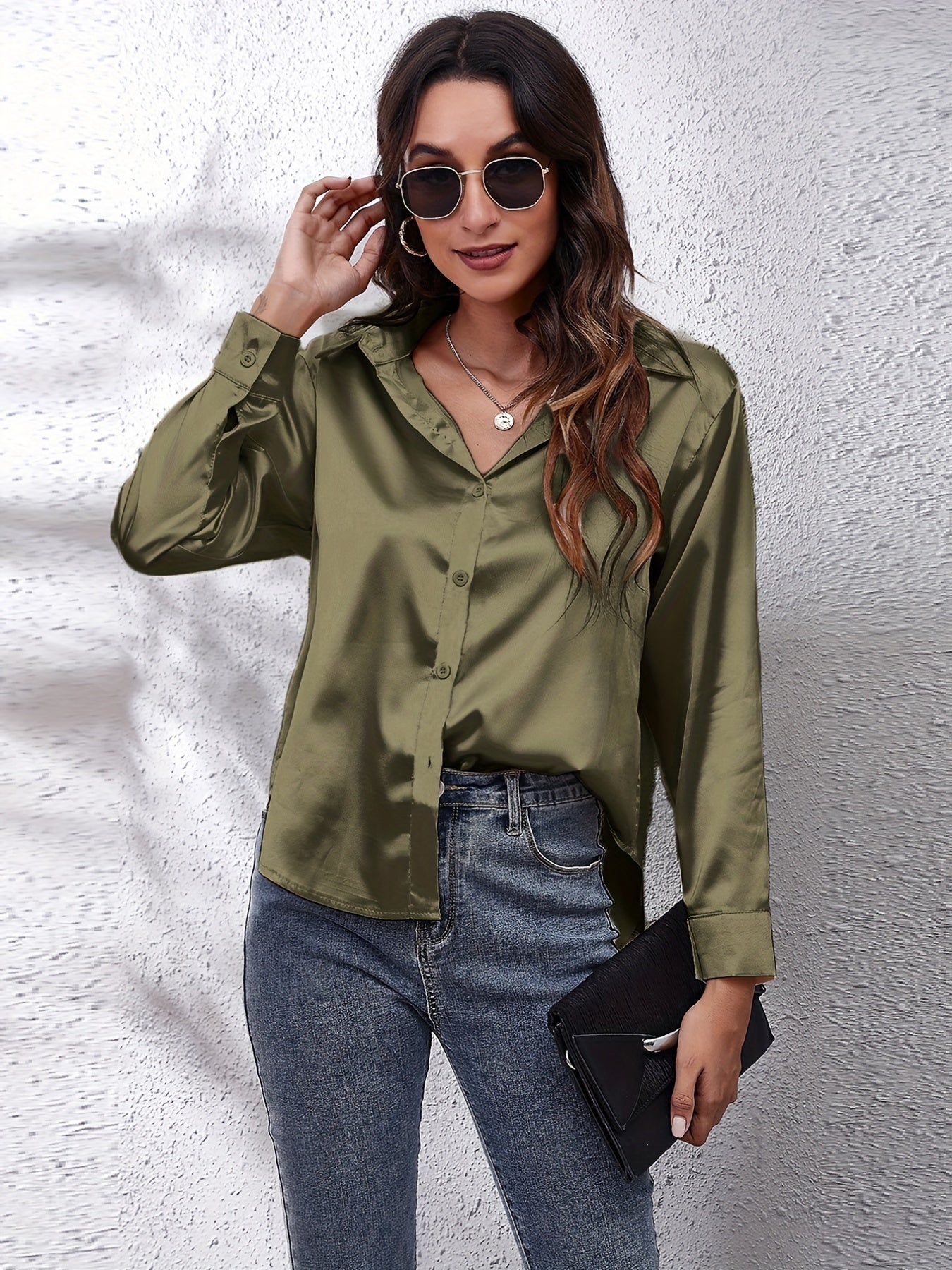 Hot Style In-Kind Shooting Satin Shirt Women'S Satin Imitation Long-Sleeved Shirt New European And American Cross-Border Women'S Clothing NovaCart