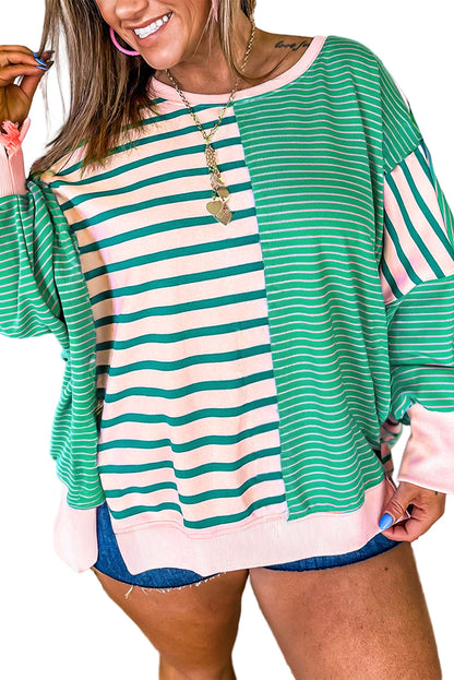 Green Stripe Colorblock Patchwork Side Slit Plus Size Sweatshirt Garden Naked Curves