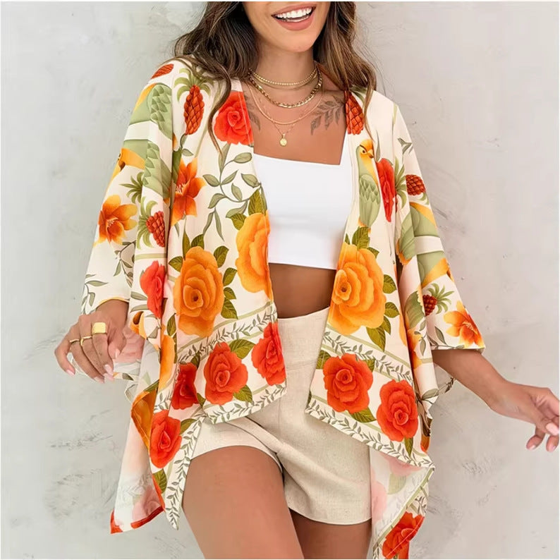 Women’s Printed Cardigan Top with Drop Shoulder Sleeves FitiqueFit