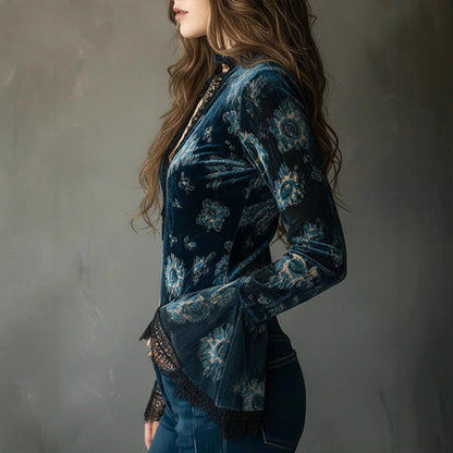 Women’s Retro Lace Panel V-Neck Blouse – Elegant Print Bell Sleeve Top for Spring & Autumn Wear FitiqueFit
