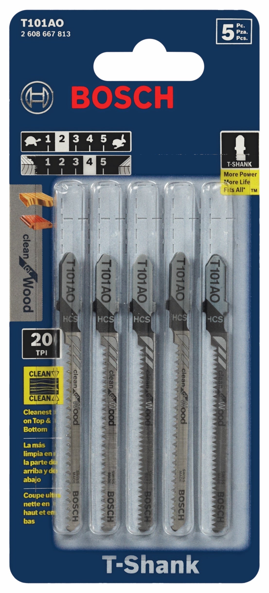BOSCH T101AO 5 pc. 3-1/4 In. 20 TPI Clean for Wood T-Shank Jig Saw Blades VM Hardware