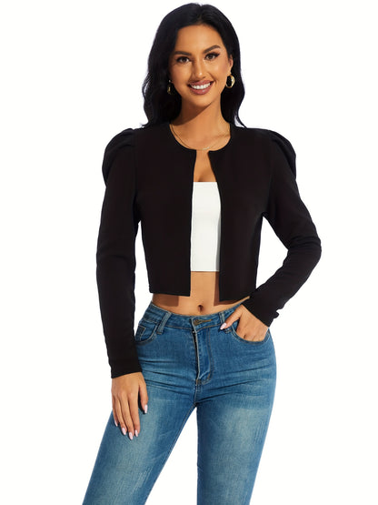 Gigot Sleeve Open Front Crop Jacket, Solid Casual Short Jacket, Women's Clothing NovaCart