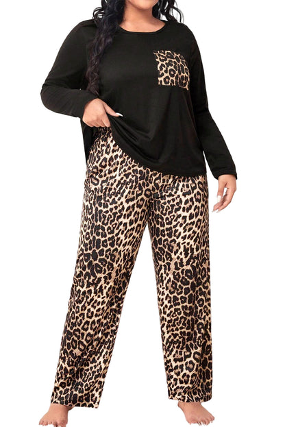 Black Leopard Patched Pocket Long Sleeve Top Plus Size Pants Set Garden Naked Curves